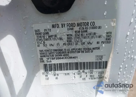 2012 Ford F-250 Xl from USA, damaged, VIN 1FTBF2B64CEC86401